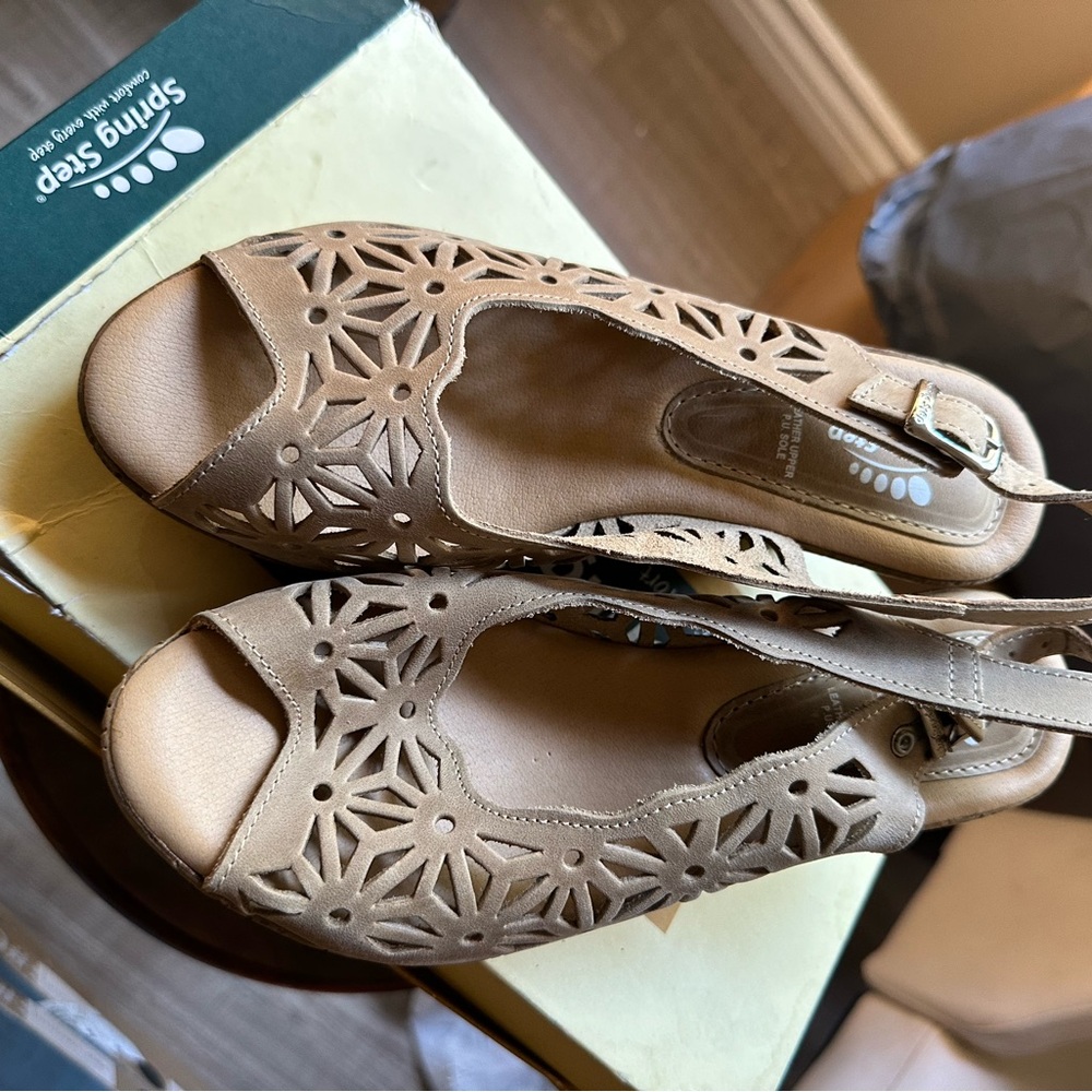 Made in Italy. Leather. Spring Step Women's Beige Cutout Sandals.